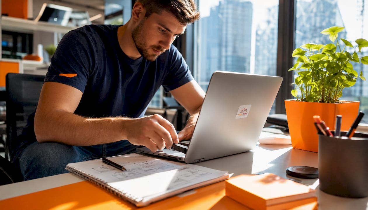 IT technician connecting security device