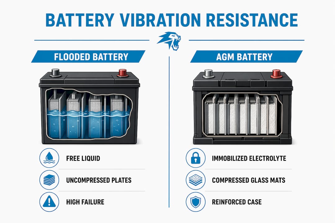 Infographic comparing flooded and AGM battery vibration resistance