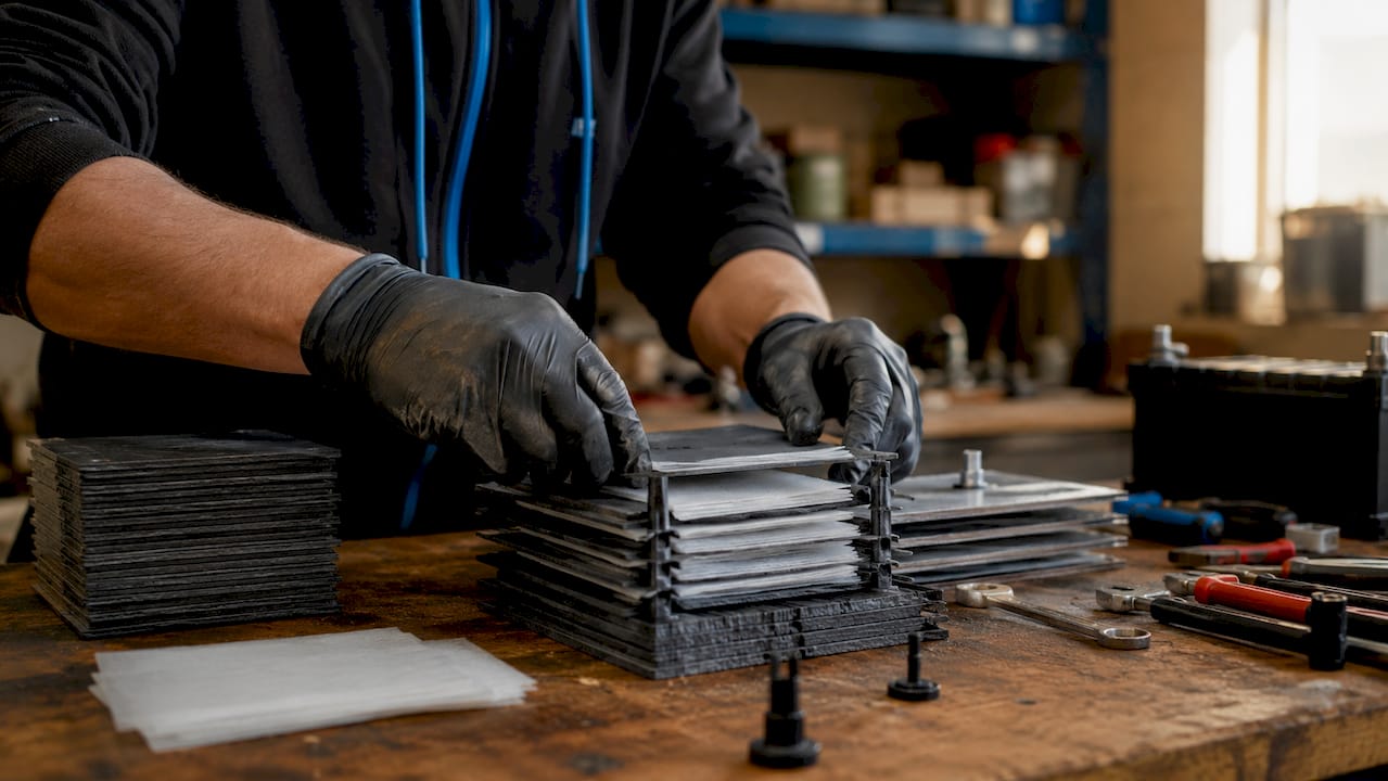 Hands assembling compressed glass mats in AGM battery