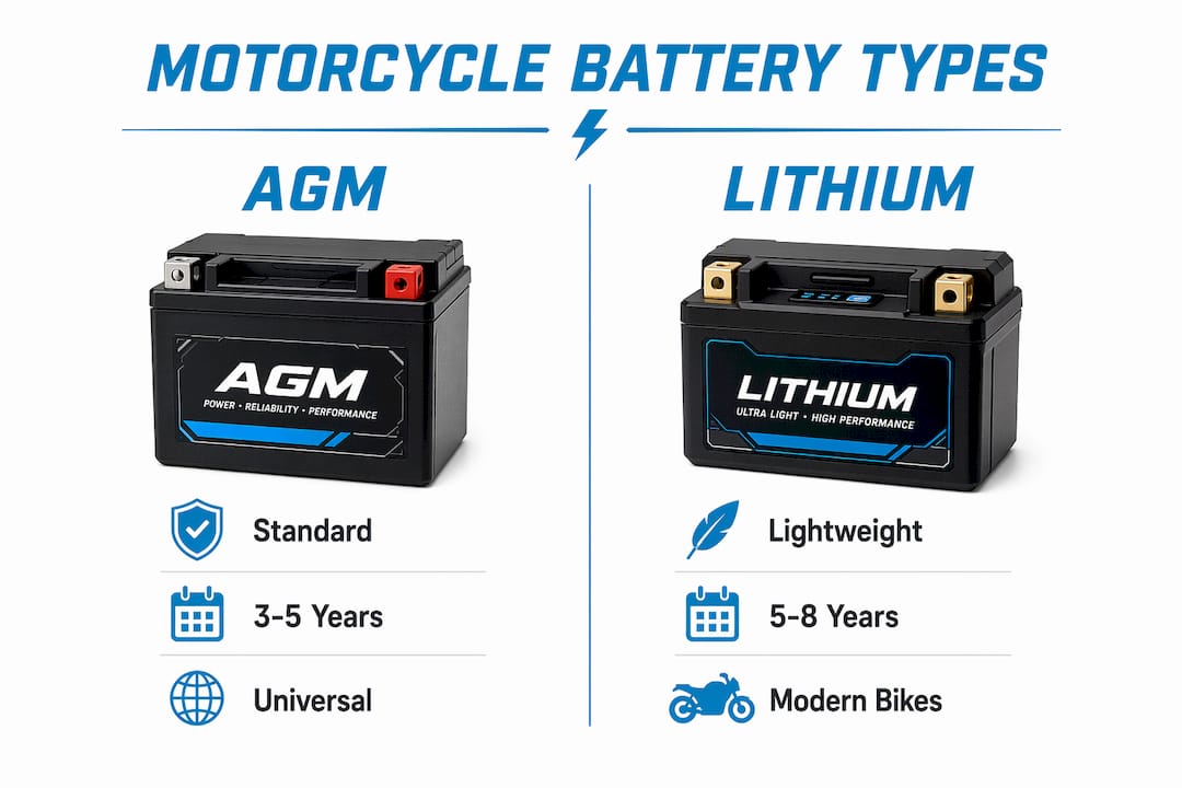 Infographic comparing motorcycle battery types AGM vs Lithium
