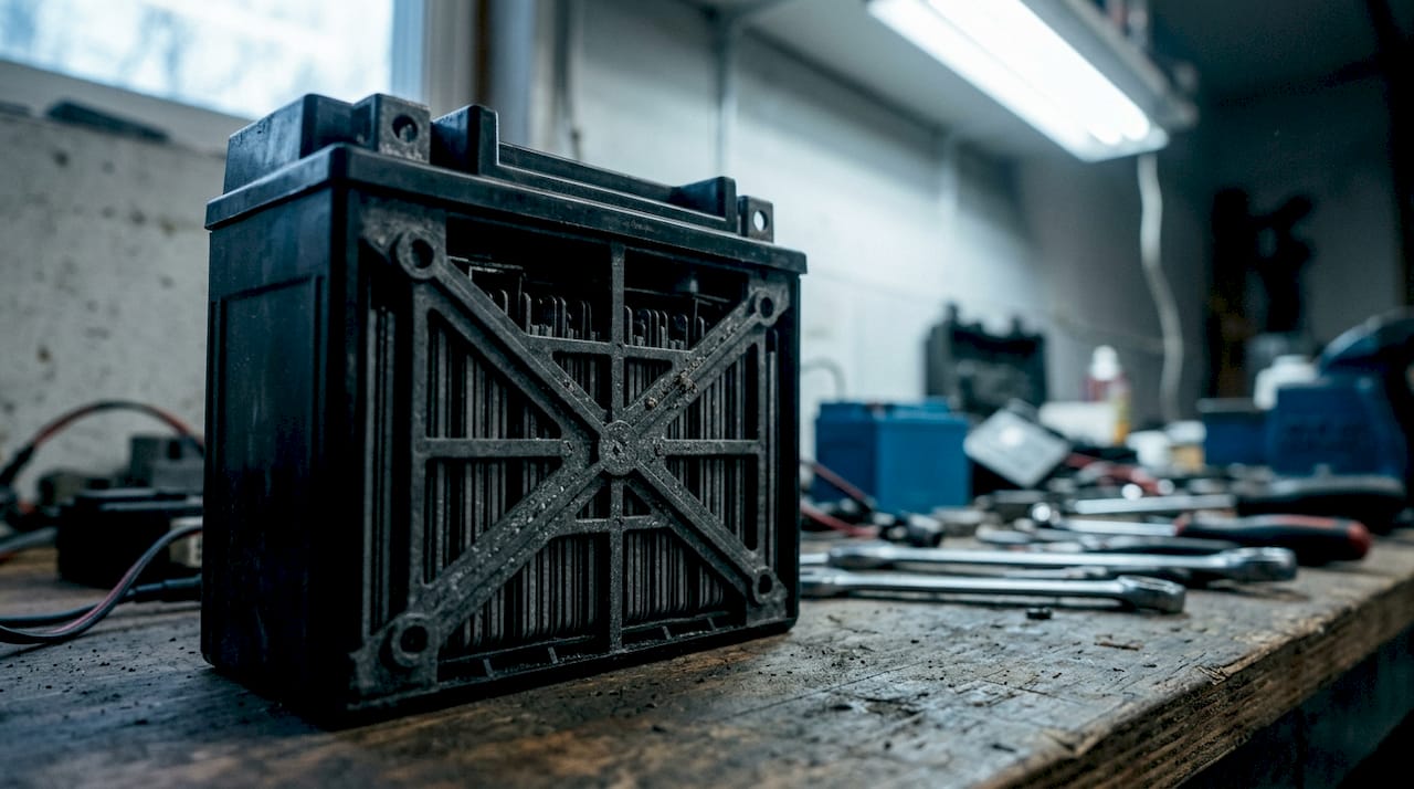 Close-up of motorcycle battery internal structure