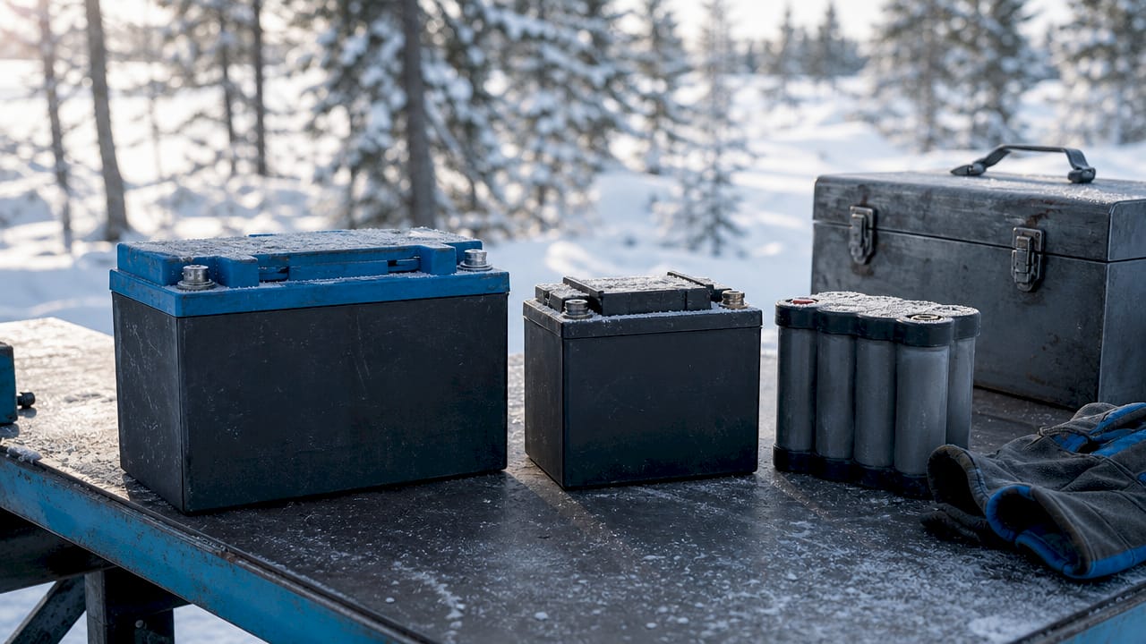 Close-up of different batteries on frosty wooden surface