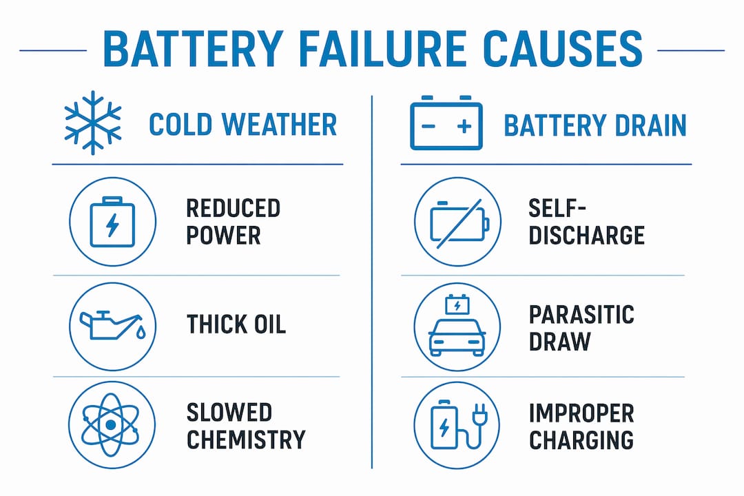 Infographic comparing cold weather and battery drain causes for failure