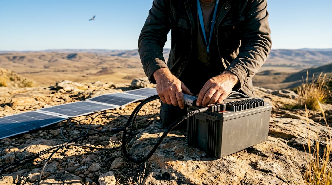 Hands connecting cables to solar camp battery