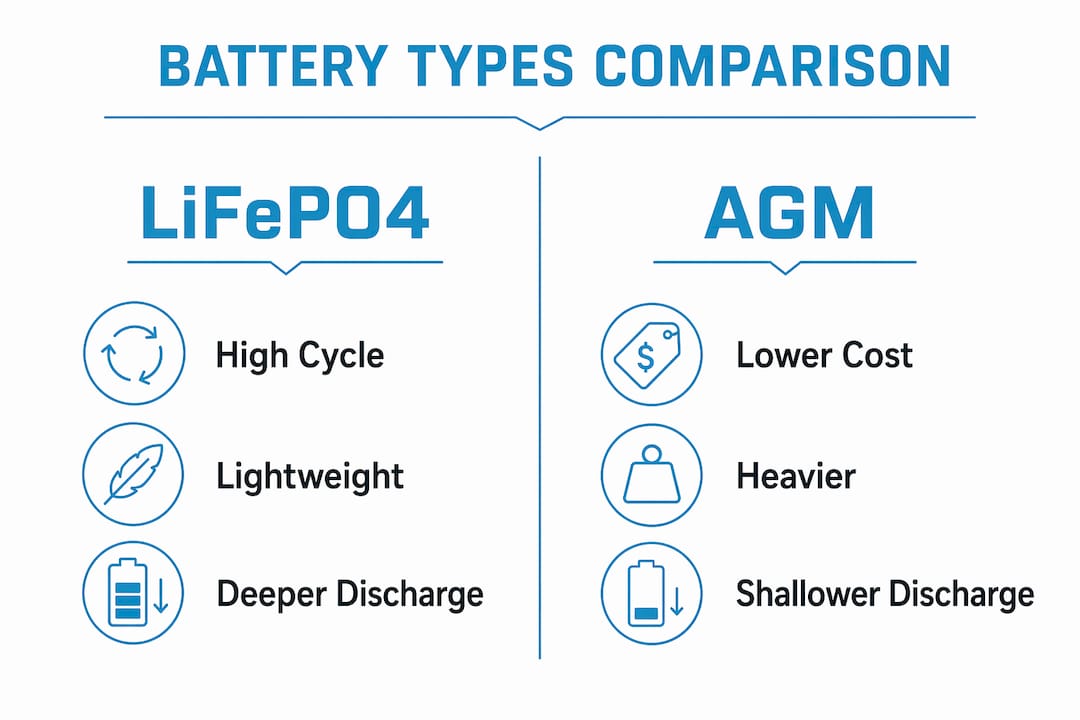 Infographic comparing LiFePO4 and AGM battery types