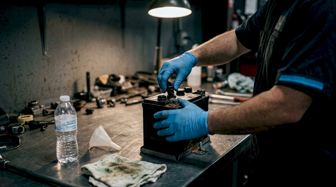 Close-up flooded lead-acid UTV battery maintenance