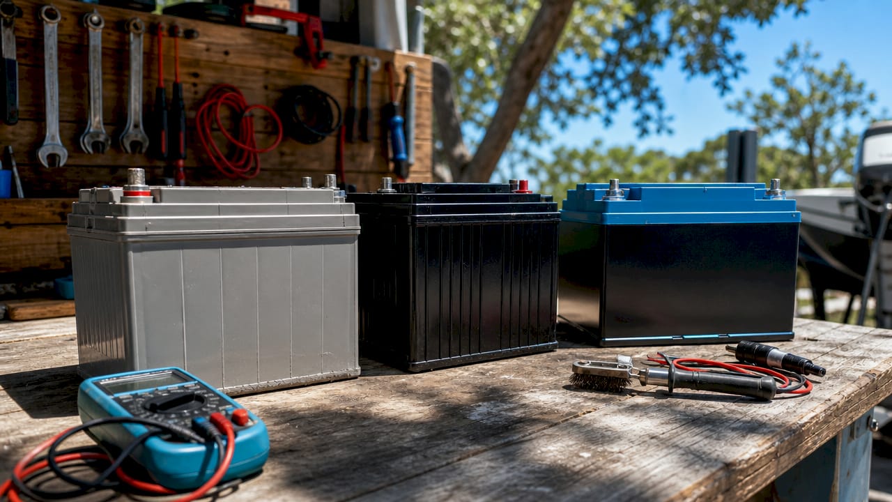 Close-up of three marine battery chemistry types