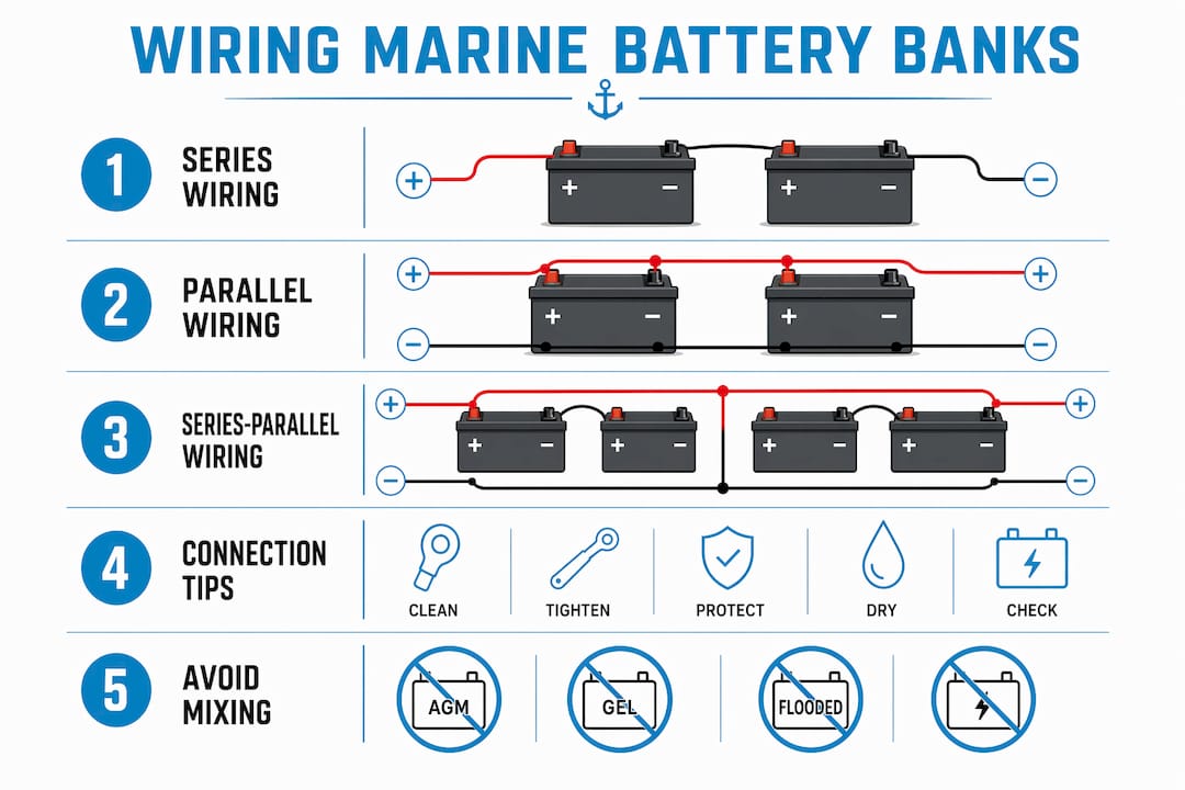 Infographic illustrating marine battery bank wiring steps