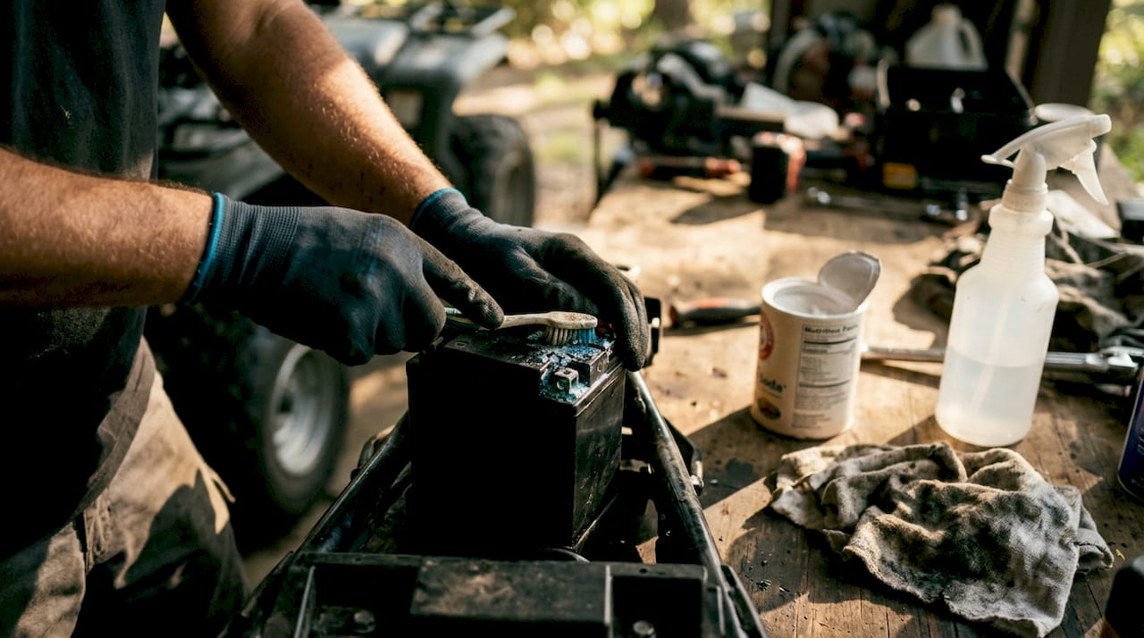 Close-up hands cleaning ATV battery terminal