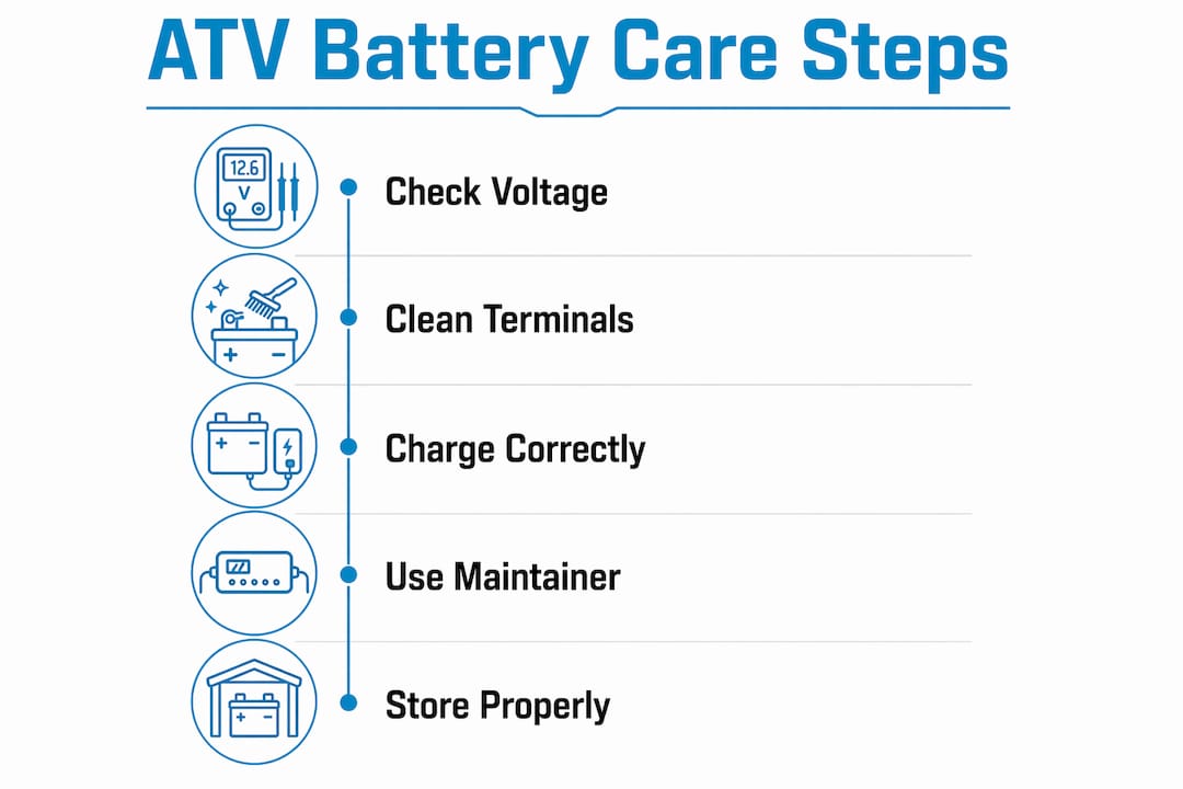 Infographic showing key ATV battery maintenance steps