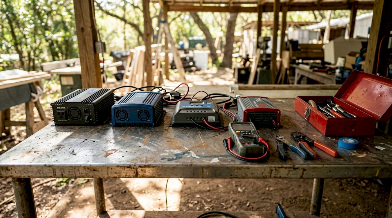 Different types of marine battery chargers on workbench