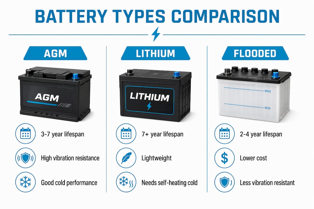 Infographic comparing AGM, lithium, and flooded batteries