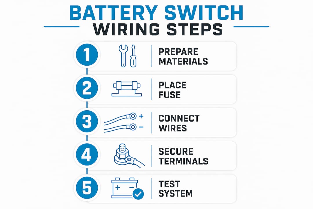 Infographic illustrating wiring steps for battery switch
