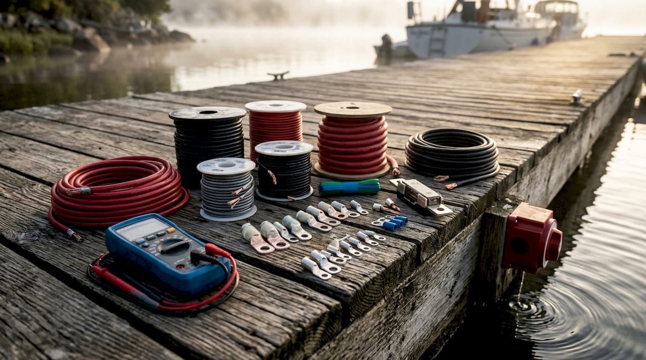 Marine battery wiring tools and components on boat deck
