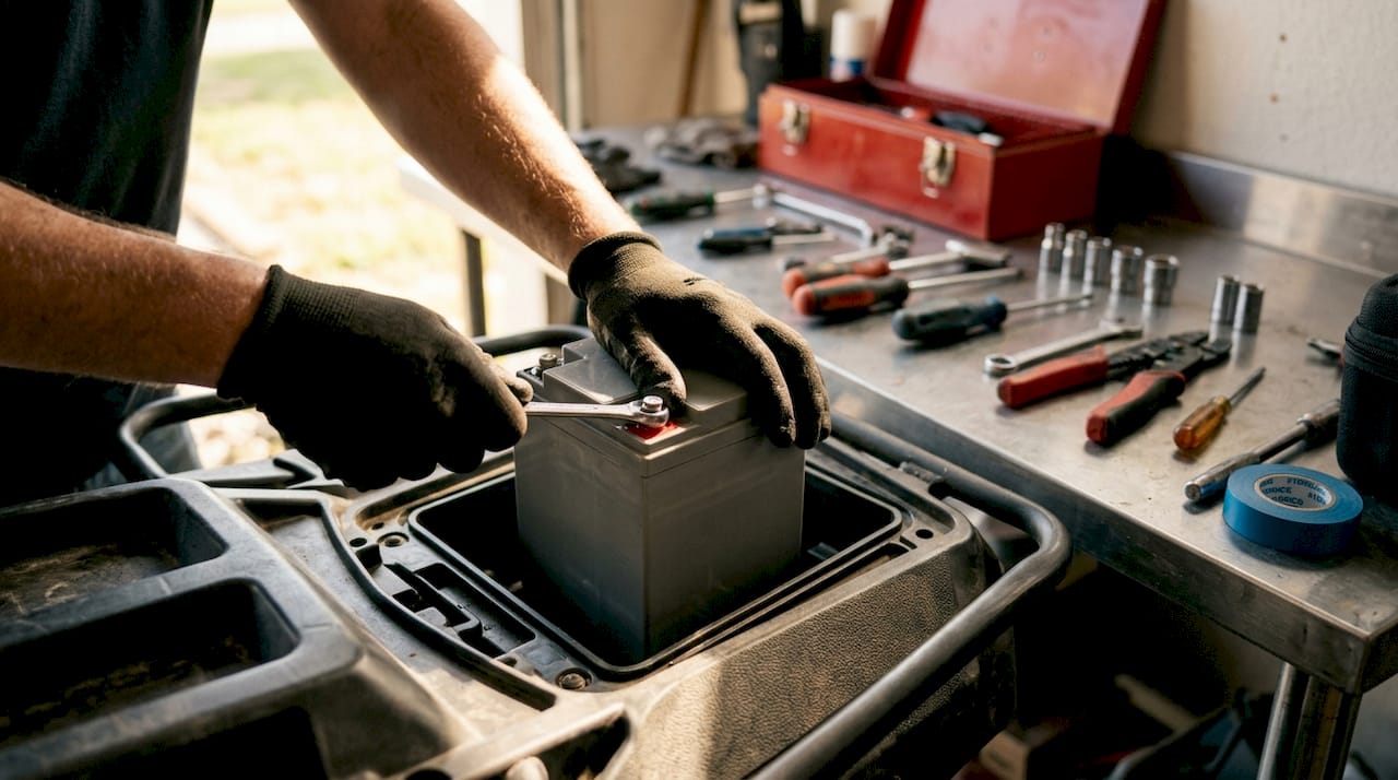 Hands installing LiFePO4 battery in vehicle