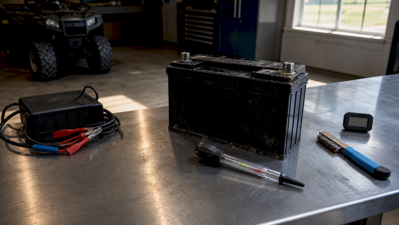 Close-up of flooded lead-acid ATV battery on workbench