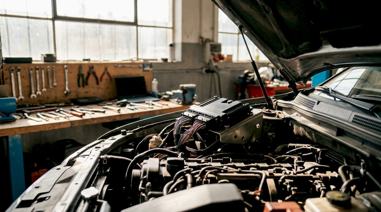 Close-up of ECU wiring and engine compartment