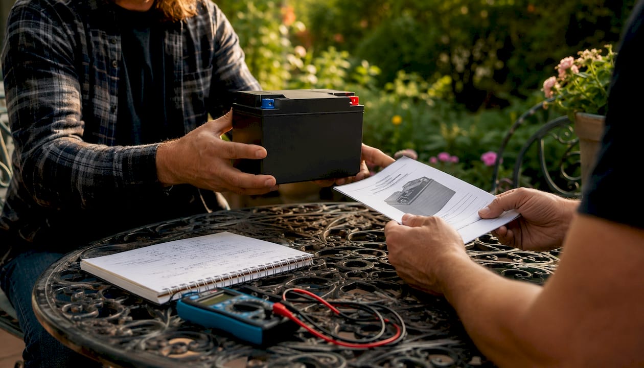 Two people exchanging battery and warranty pamphlet