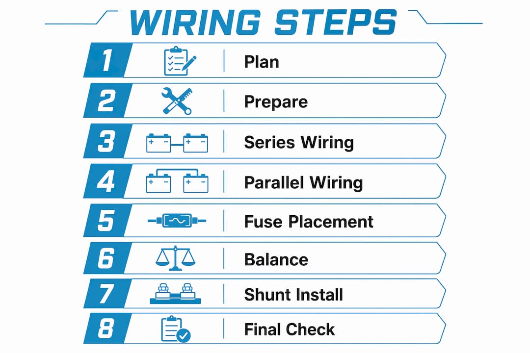 Infographic showing numbered RV battery wiring steps