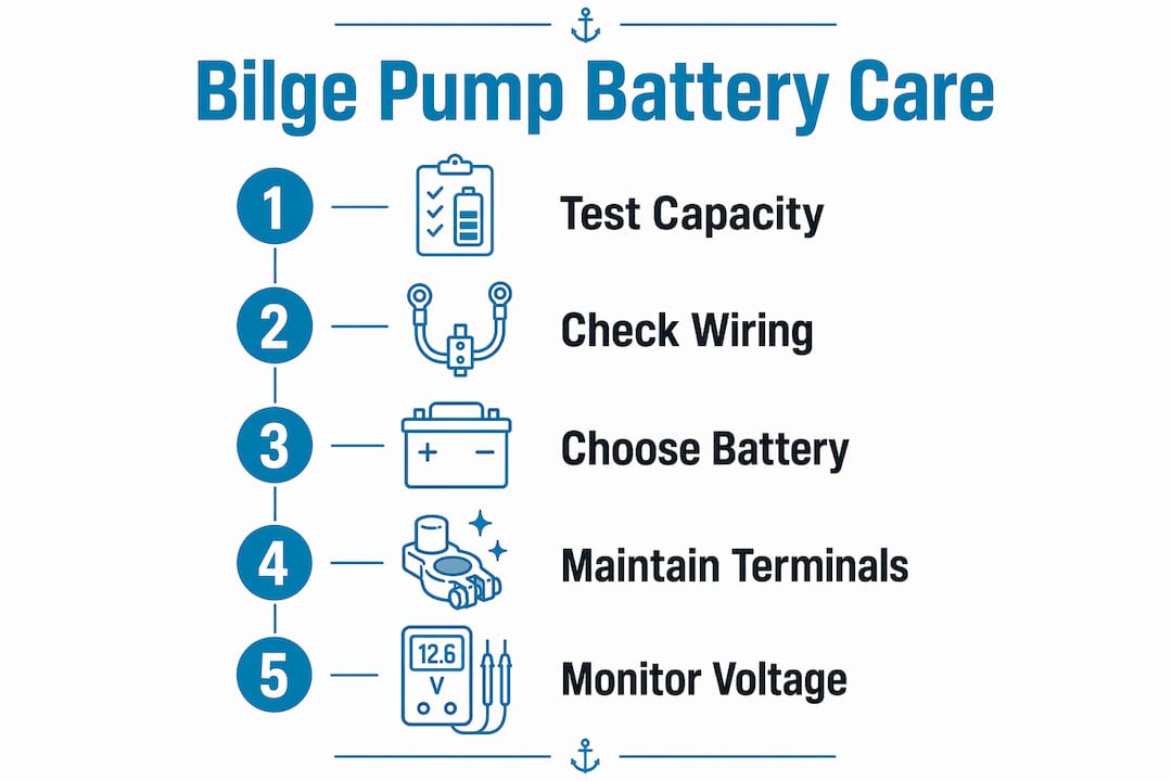 Infographic on bilge pump battery maintenance steps