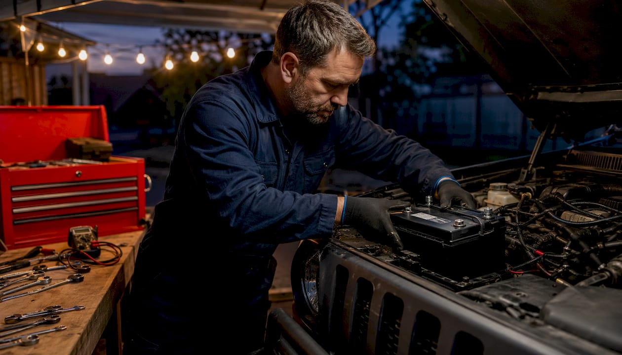 Technician installing AGM battery in engine bay
