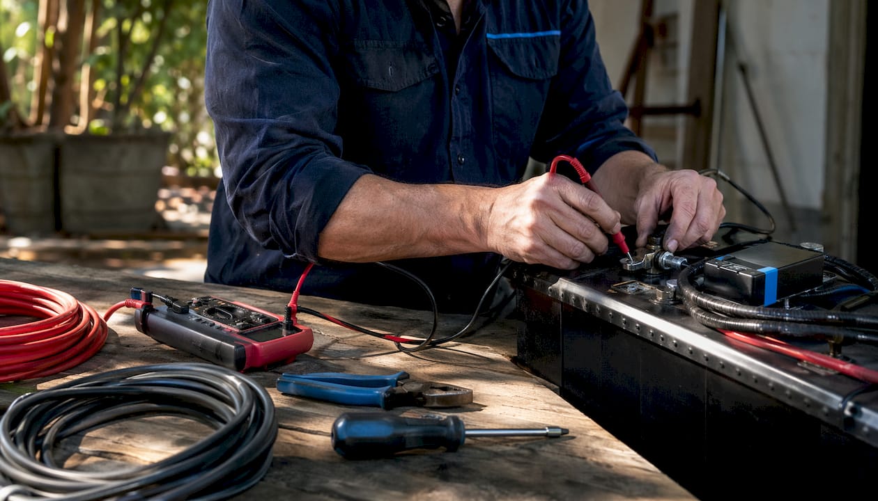 Hands testing winch battery wiring connections
