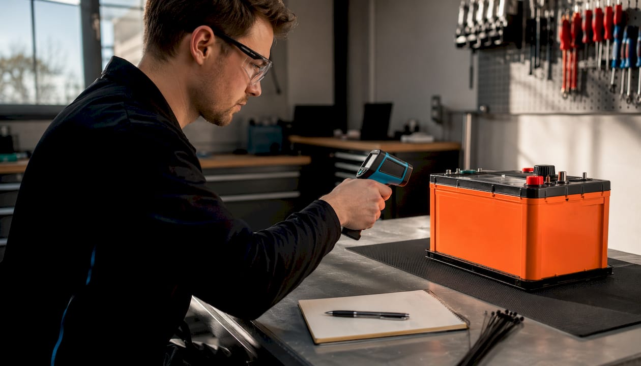 Technician testing thermal stability of LiFePO4 battery