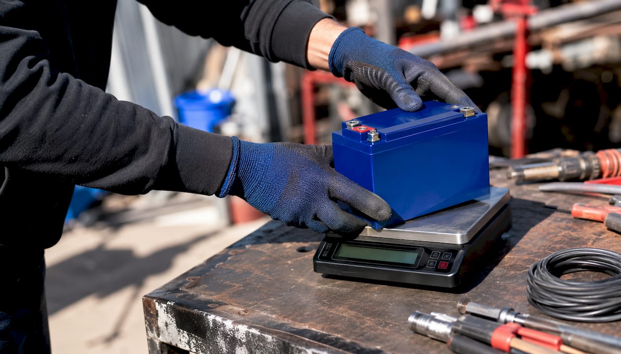 Hands weighing lightweight LiFePO4 battery on scale