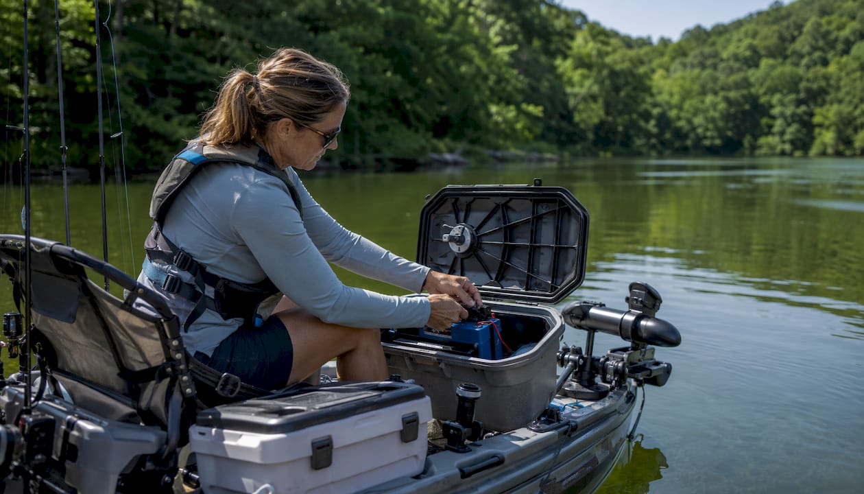 Female angler installing lithium battery on boat