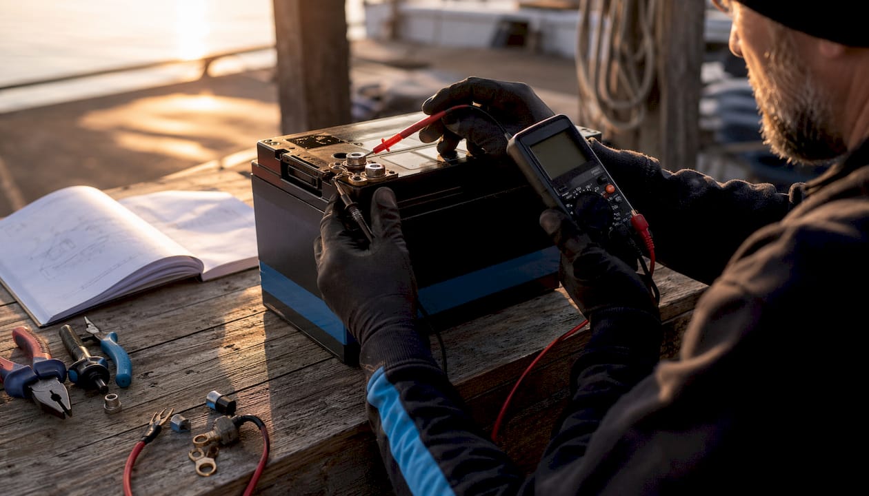 Technician assessing lithium marine battery in workshop