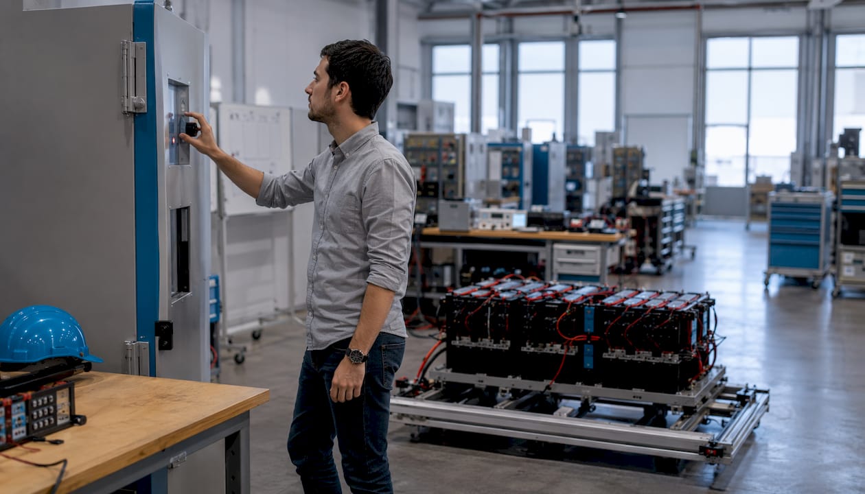 Engineer adjusting battery aging test equipment controls