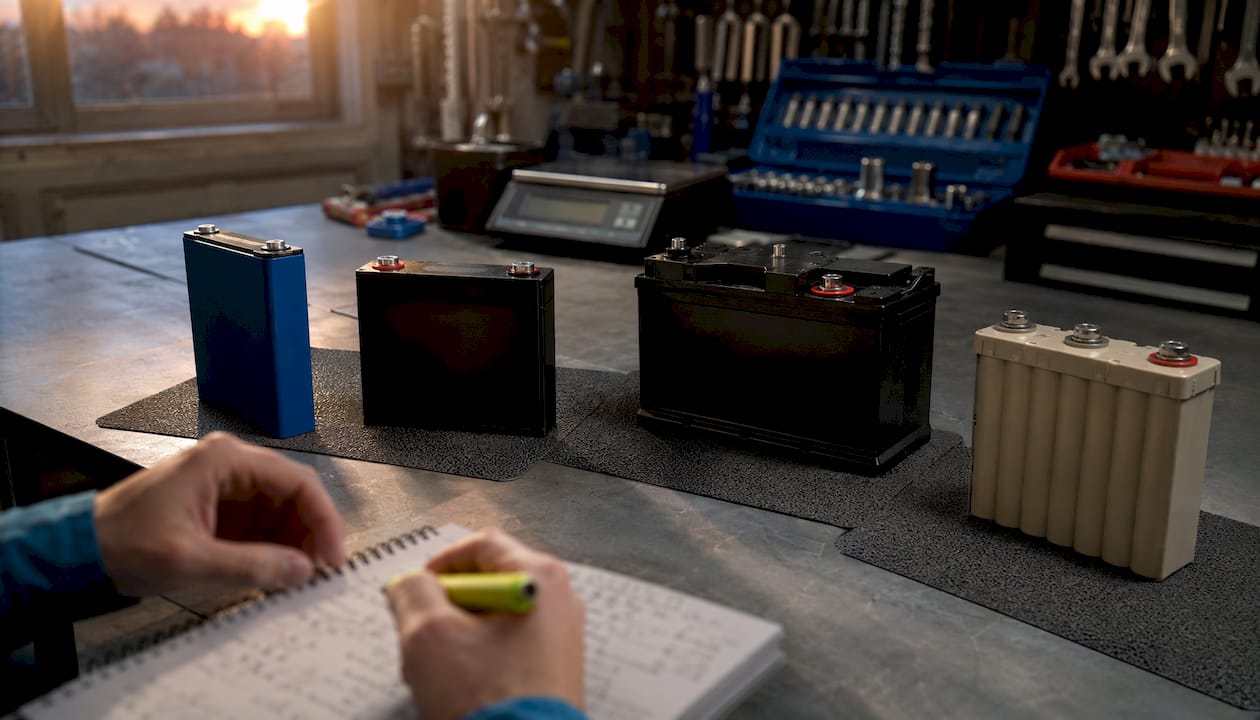 Overhead view of different battery chemistries on table