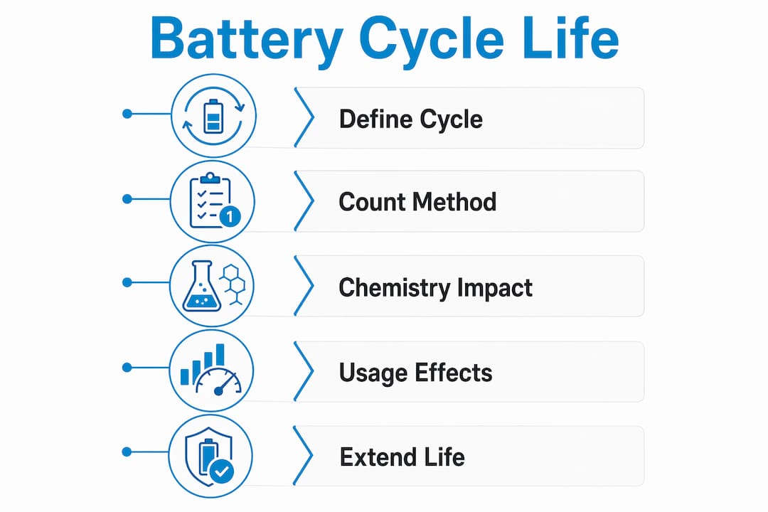 Infographic showing battery cycle life key steps