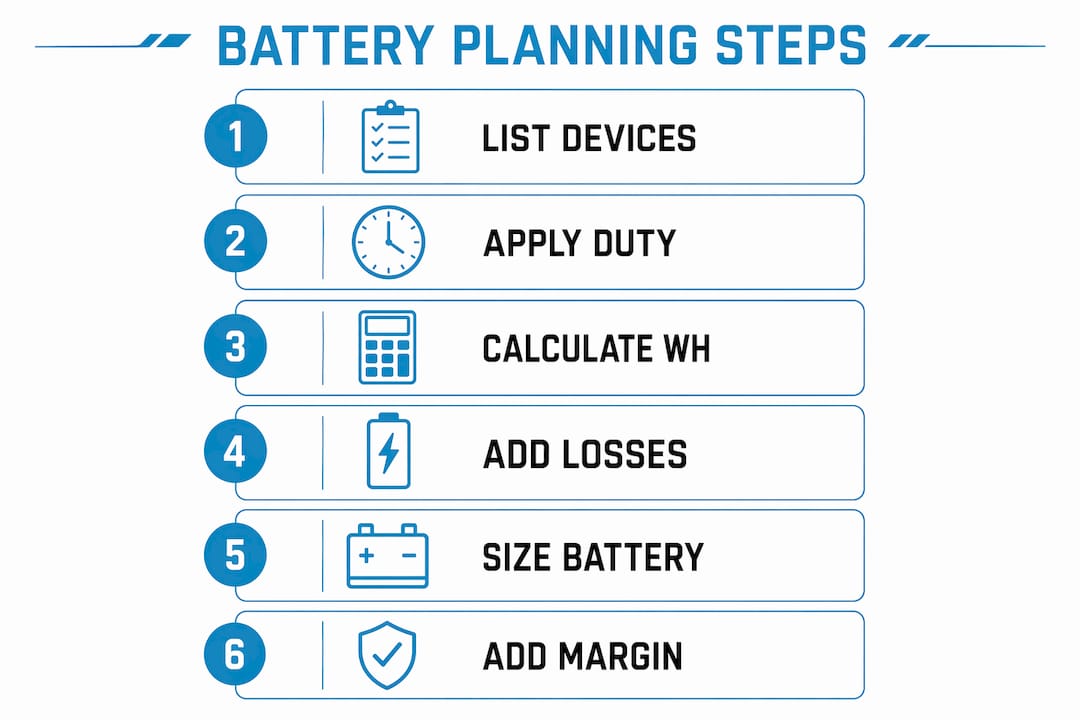 Infographic illustrating battery capacity planning steps