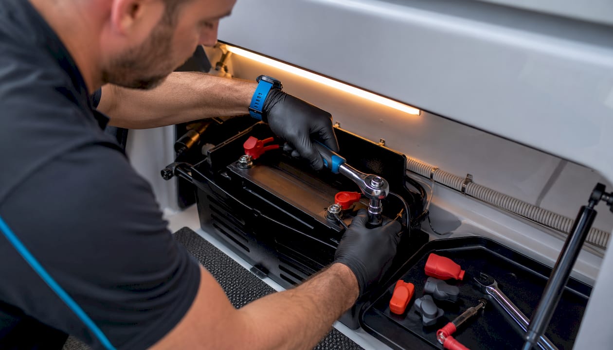 Person tightening marine battery terminal with torque wrench