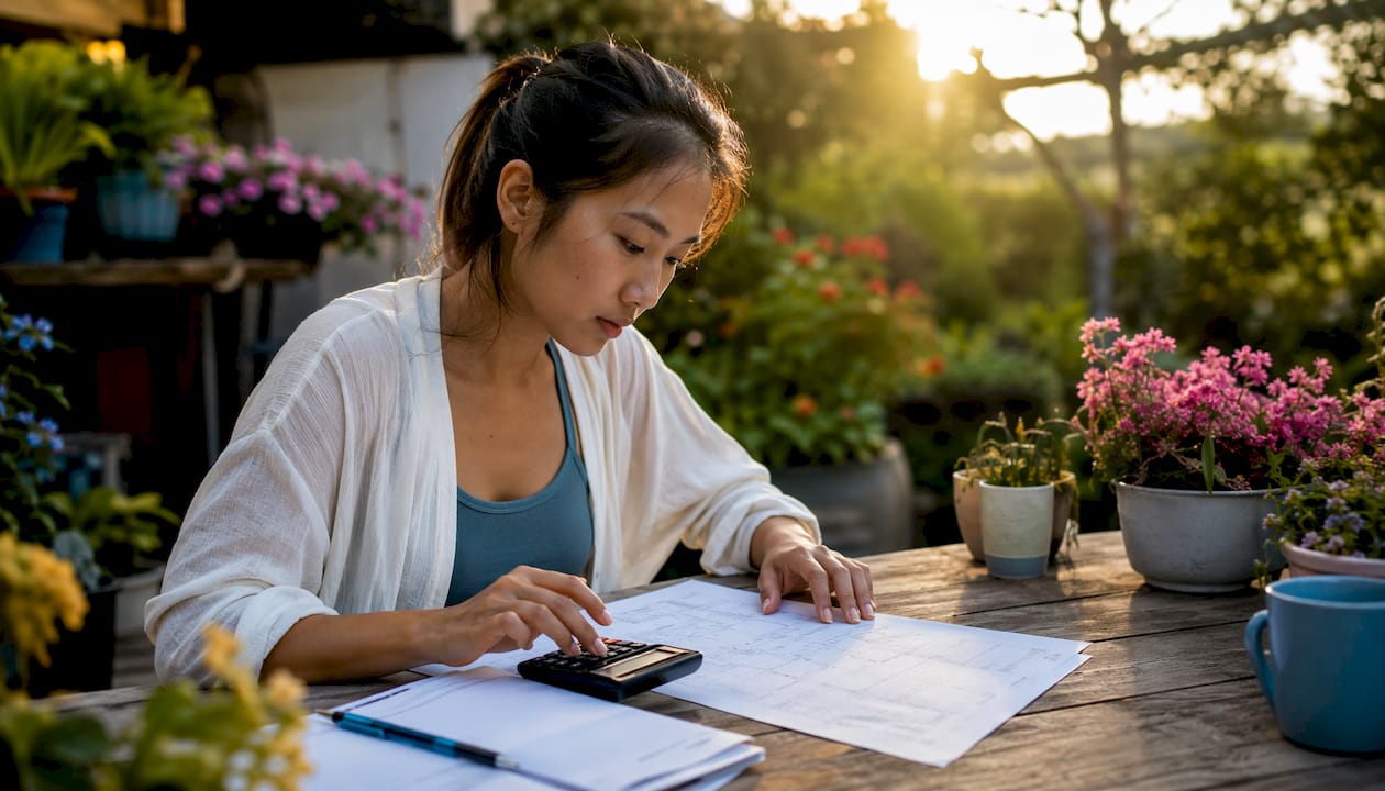 Woman calculating marine battery sizing at home desk