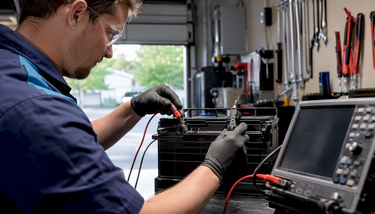 Technician setting up battery discharge test in garage