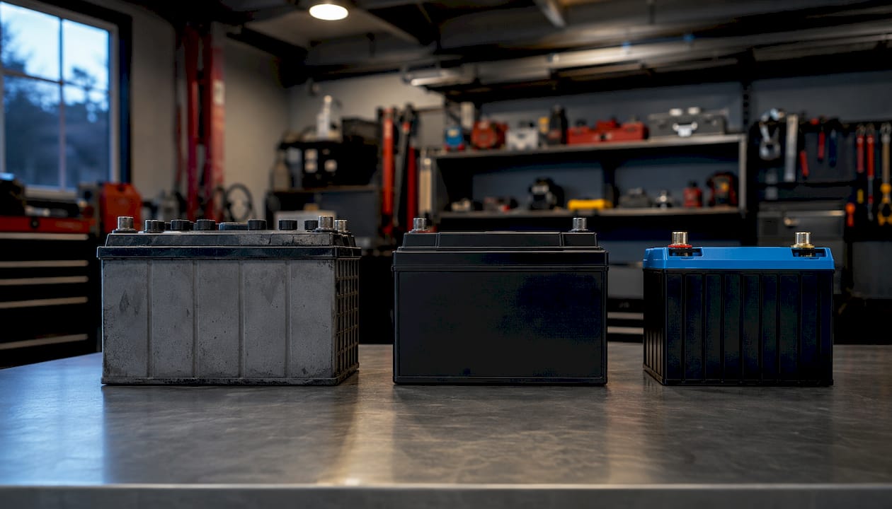 Three battery types side by side on table