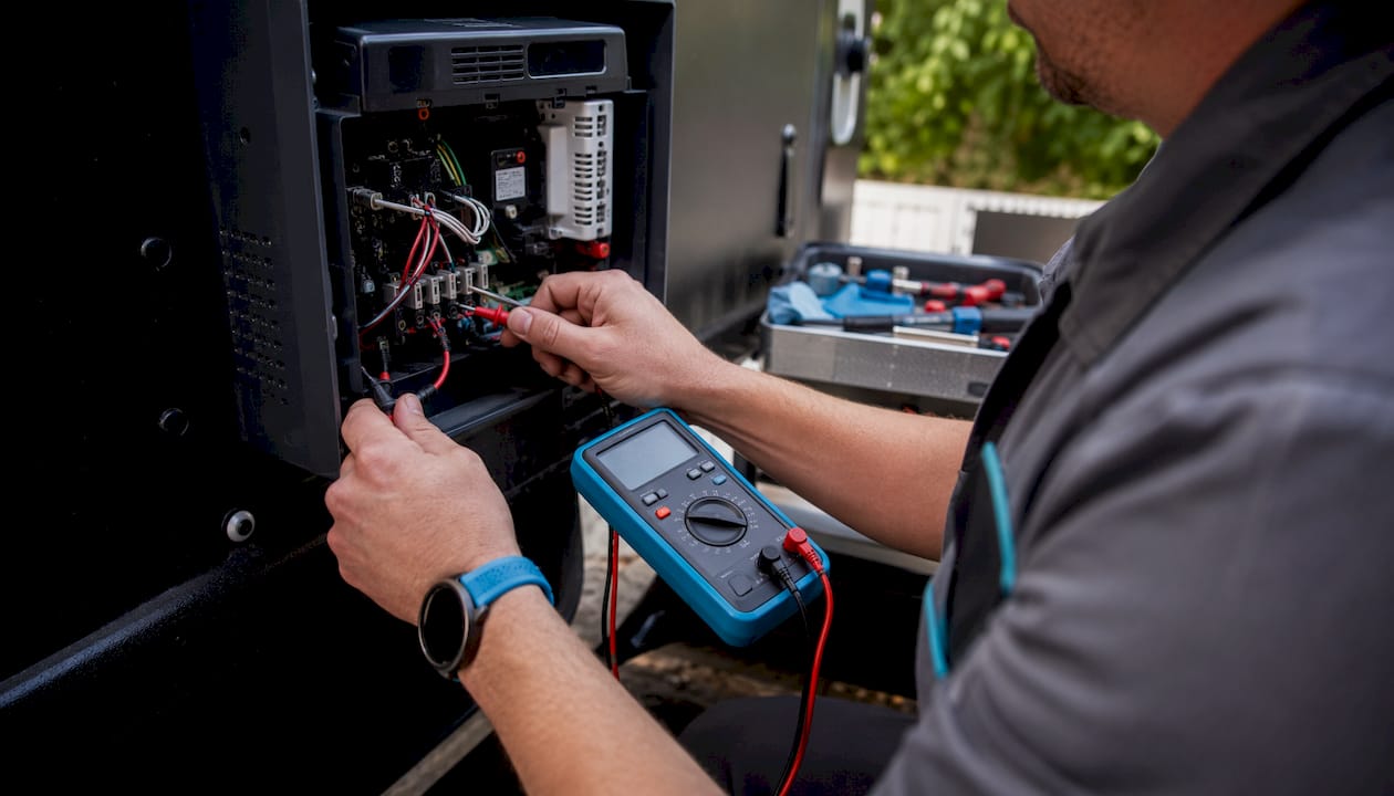 Technician testing RV battery charger voltage