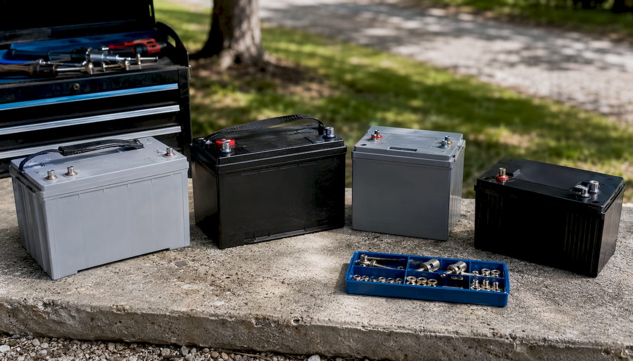 Various types of RV batteries on workbench