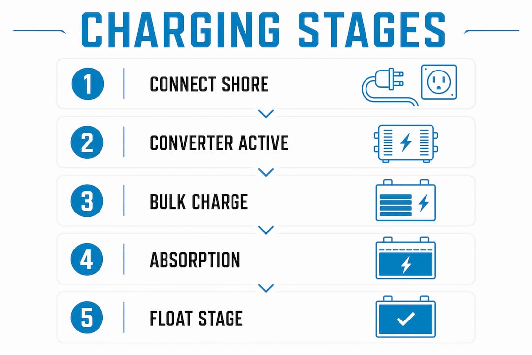Infographic showing RV shore power battery charging stages