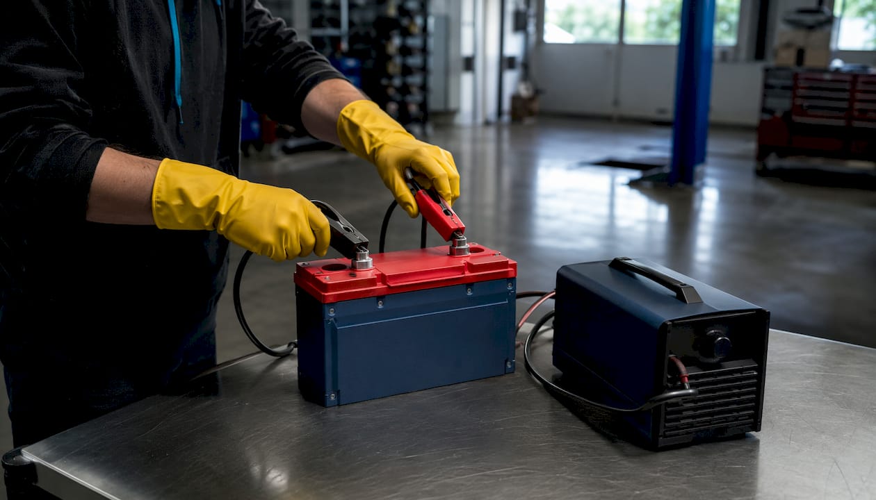Hands connecting battery to smart charger indoors