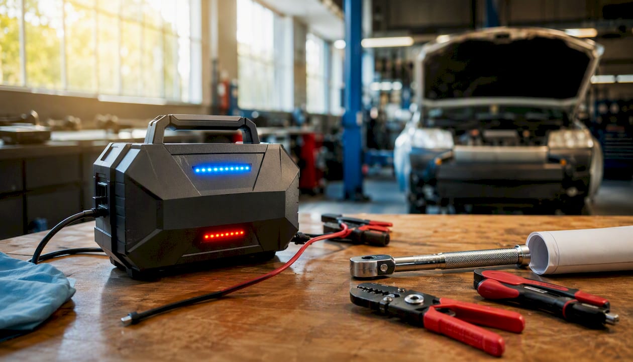 Smart charger with tools on workbench