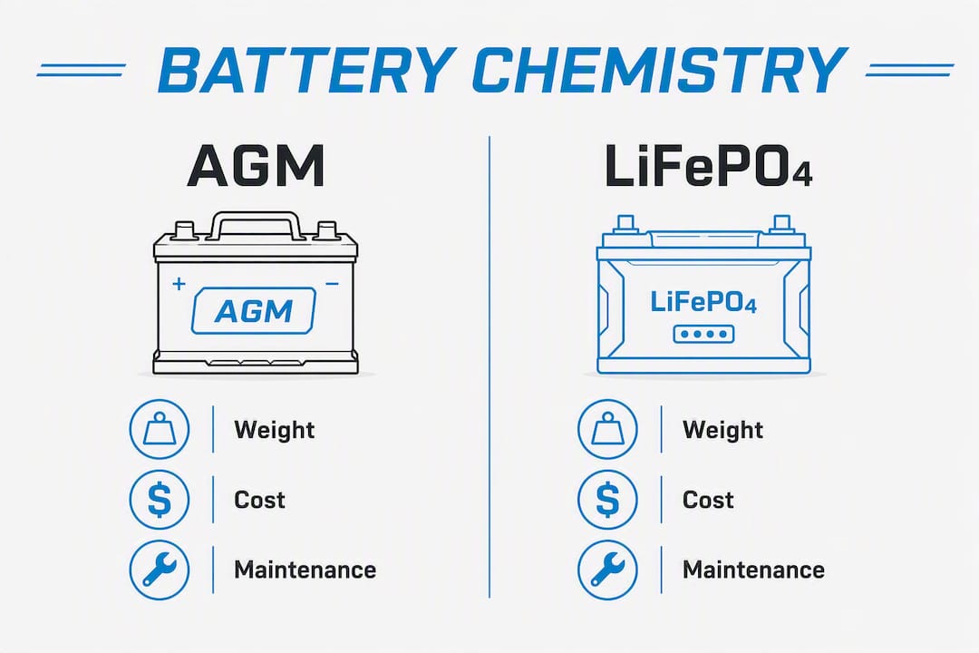 Infographic comparing AGM and LiFePO4 battery features