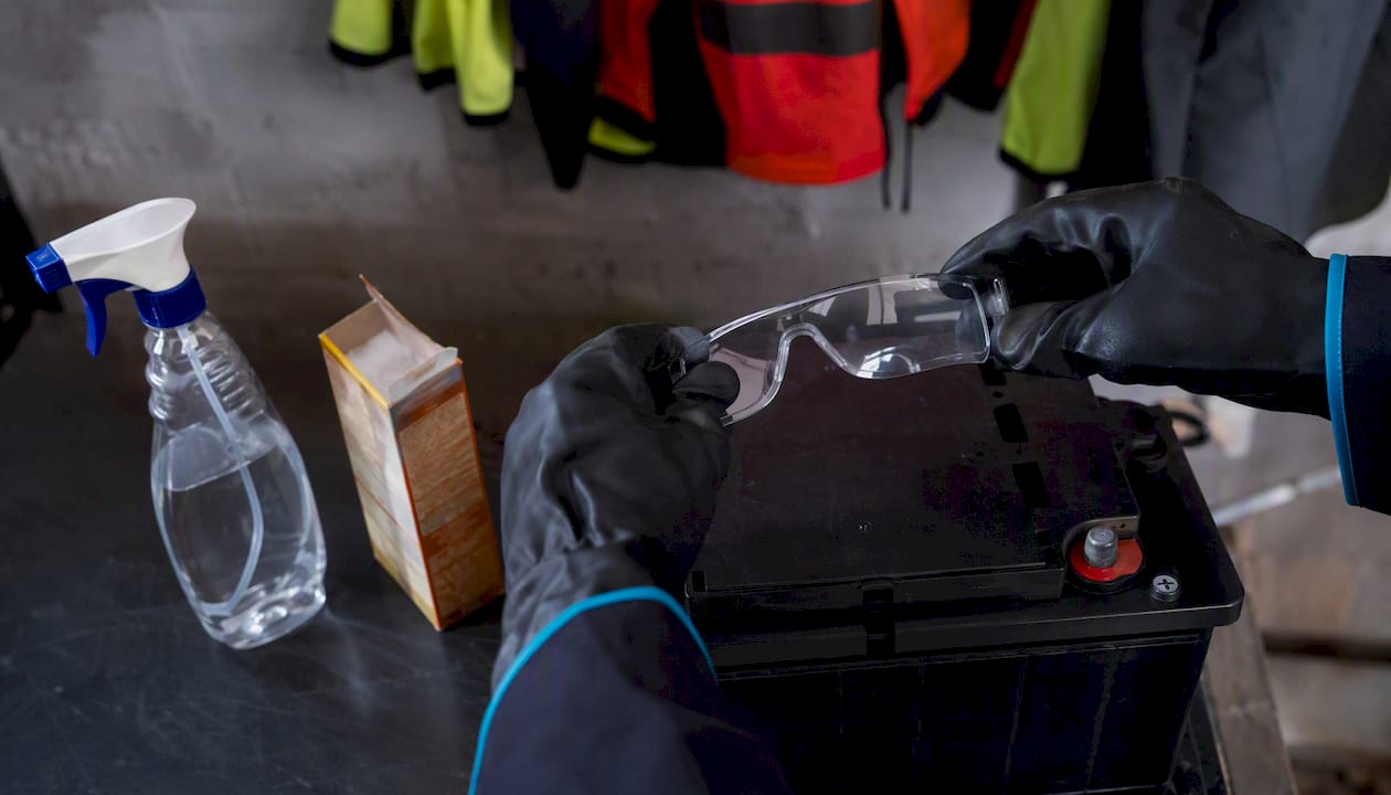 Close-up of safety gear and deep cycle battery on patio
