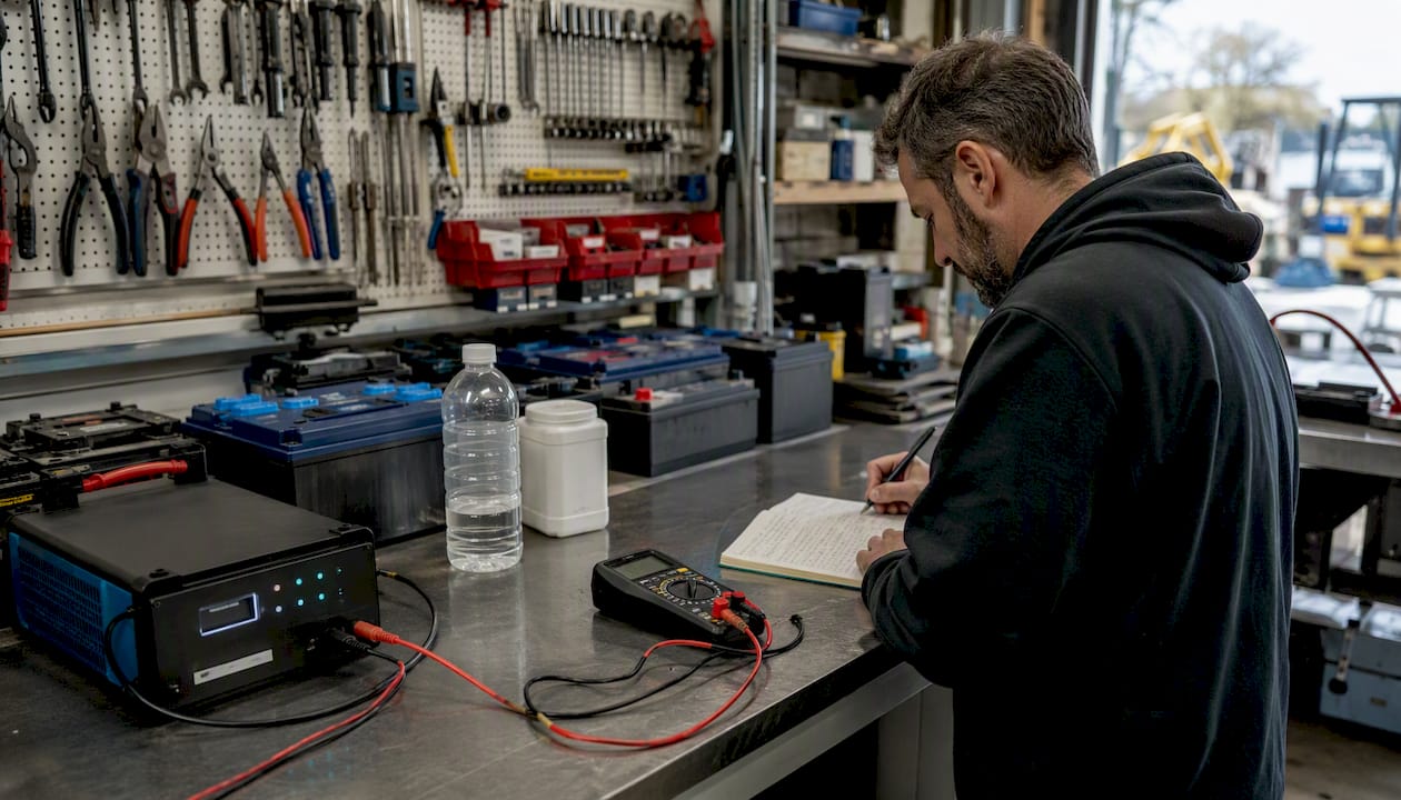 Workstation with battery reconditioning tools and materials