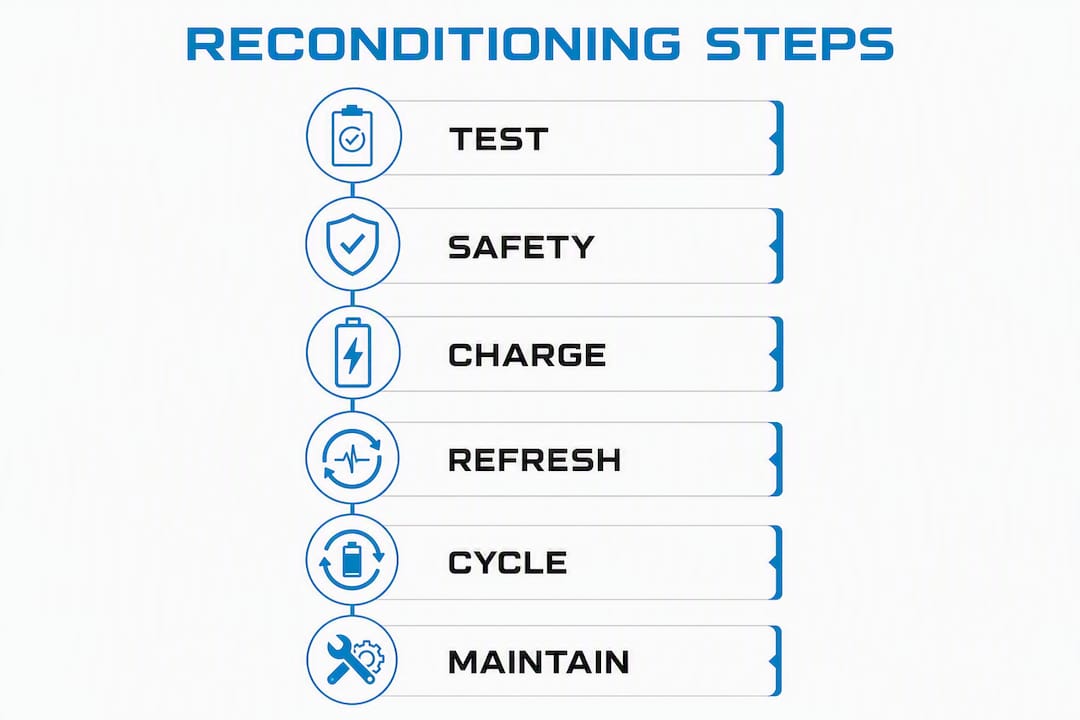 Infographic outlining steps to recondition a deep cycle battery