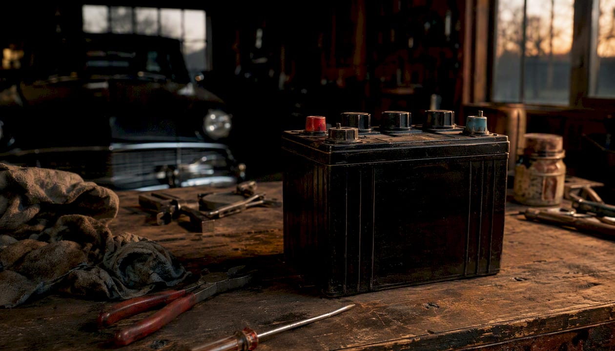 Vintage-style reproduction AGM battery on workbench