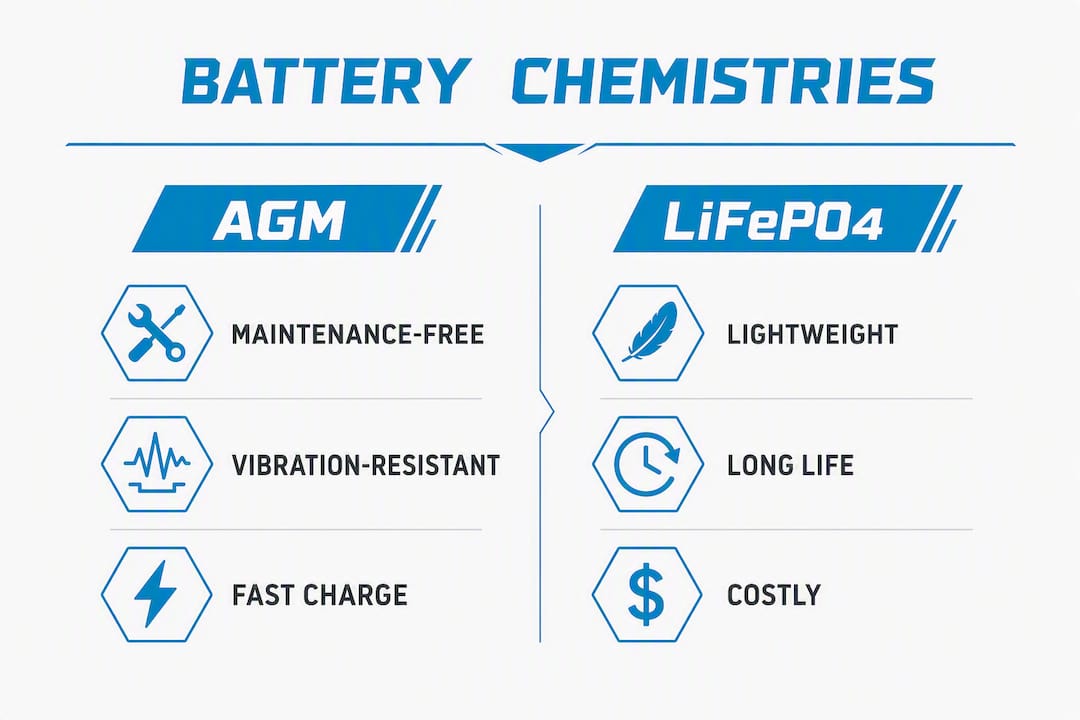 Infographic comparing AGM and LiFePO4 battery chemistries for classic cars