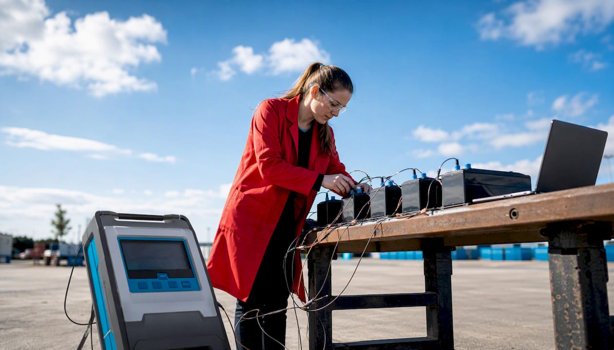 Engineer inspecting battery test station outdoors